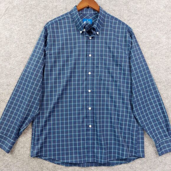 Nautica Shirt Mens Sz L Blue Plaid Performance Button Down Long Sleeve Stretch - Picture 10 of 11